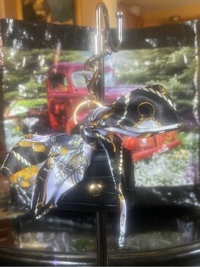 Black Faux Leather Bag Charm with Black & White Scarf Accent